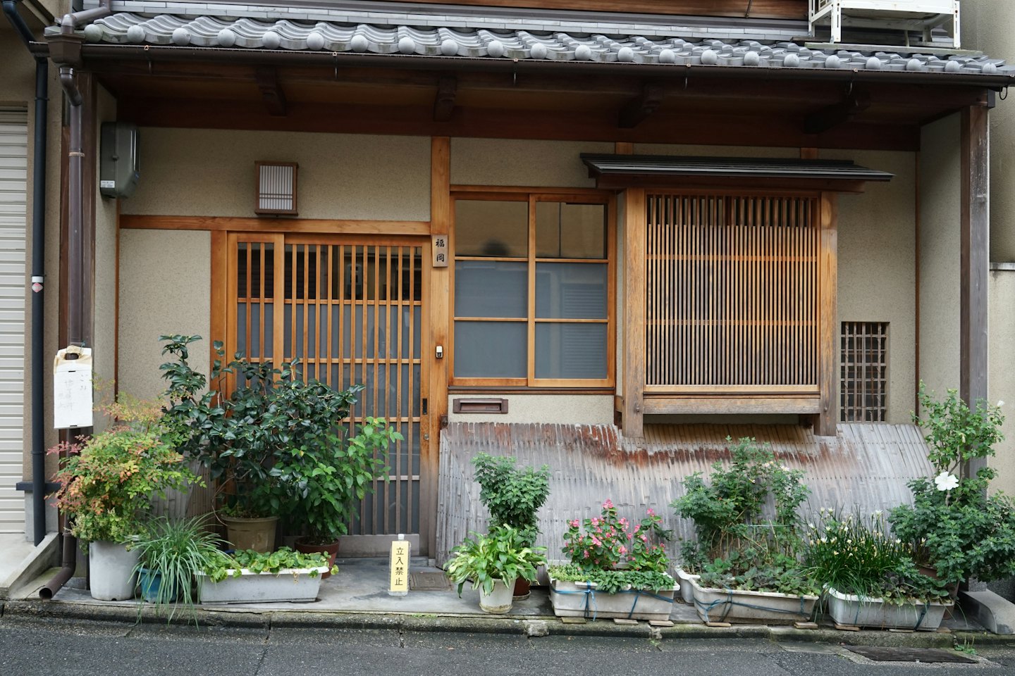 木製のドアとたくさんの鉢植えがある伝統的な日本家屋。